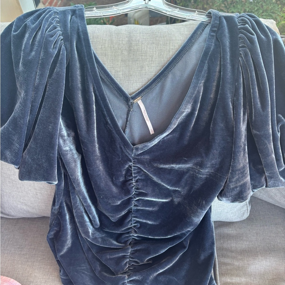 Free People Velvet Ruched V-Neck Top in Navy